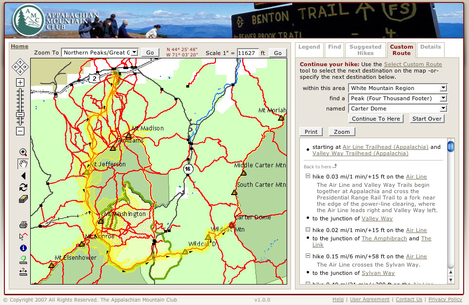 image of the AMC White Mountain Guide Online interface