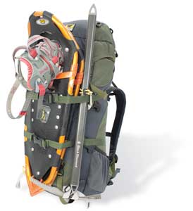 Winter pack with snowshoes strapped on