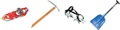 photo of snowshoes, ice axe, crampon, and shovel