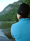 the author contemplates a route up lower C Bluff