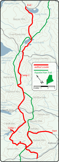 map of the author's route and the current Appalachian Trail